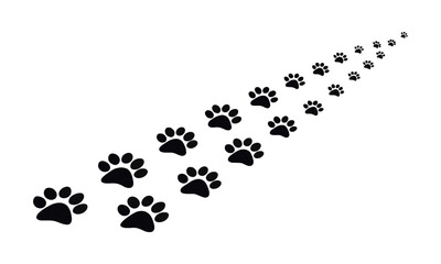 A minimalistic vector illustration of a series of black animal foot paw prints scattered,  puppy silhouette animal diagonal tracks for t-shirts, websites, showcase design, easily editable.