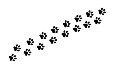 A minimalistic vector illustration of a series of black animal foot paw prints scattered,  puppy silhouette animal diagonal tracks for t-shirts, websites, showcase design, easily editable.