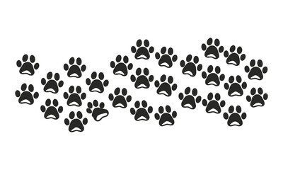 A minimalistic vector illustration of a series of black animal foot paw prints scattered,  puppy silhouette animal diagonal tracks for t-shirts, websites, showcase design, easily editable.