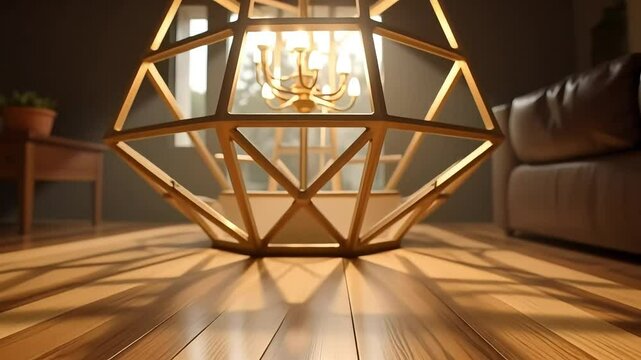 Warm wooden floor reflects light from a stylish pendant lamp creating a cozy interior scene.
