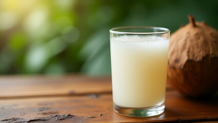 Coconut Water in Glass with Condensation on Tropical Wooden Surface