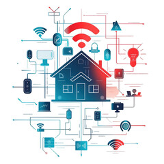 Futuristic smart home network diagram with connected devices and icons isolated on transparent background