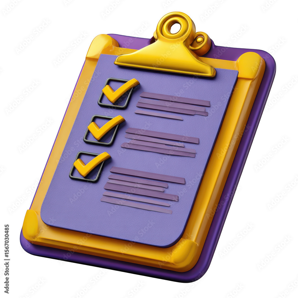 Poster 3d rendered clipboard with checked tasks isolated on transparent background