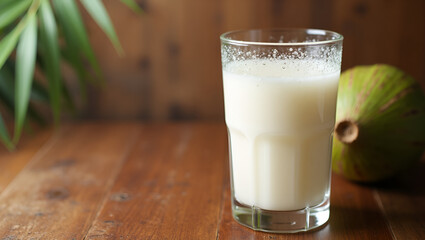 Coconut Water in Glass with Condensation on Tropical Wooden Surface