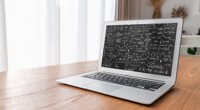 Mathematic equations and modish formula on computer screen showing concept of science and education