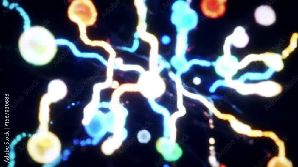 Poster abstract colorful energy flows with glowing particles in a dark background animation