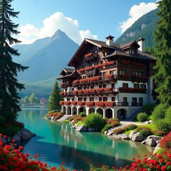 Obraz premium Beautiful lake and mountain scenery with house