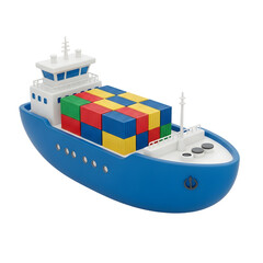 Blue Cargo Ship 3D Rendered with Colorful Shipping Containers Isolated on Transparent Background