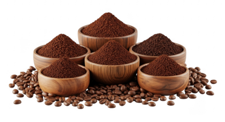 Aromatic Coffee Grounds in Wooden Bowls with Coffee Beans for a Rich Brew Experience, isolated on a transparent background