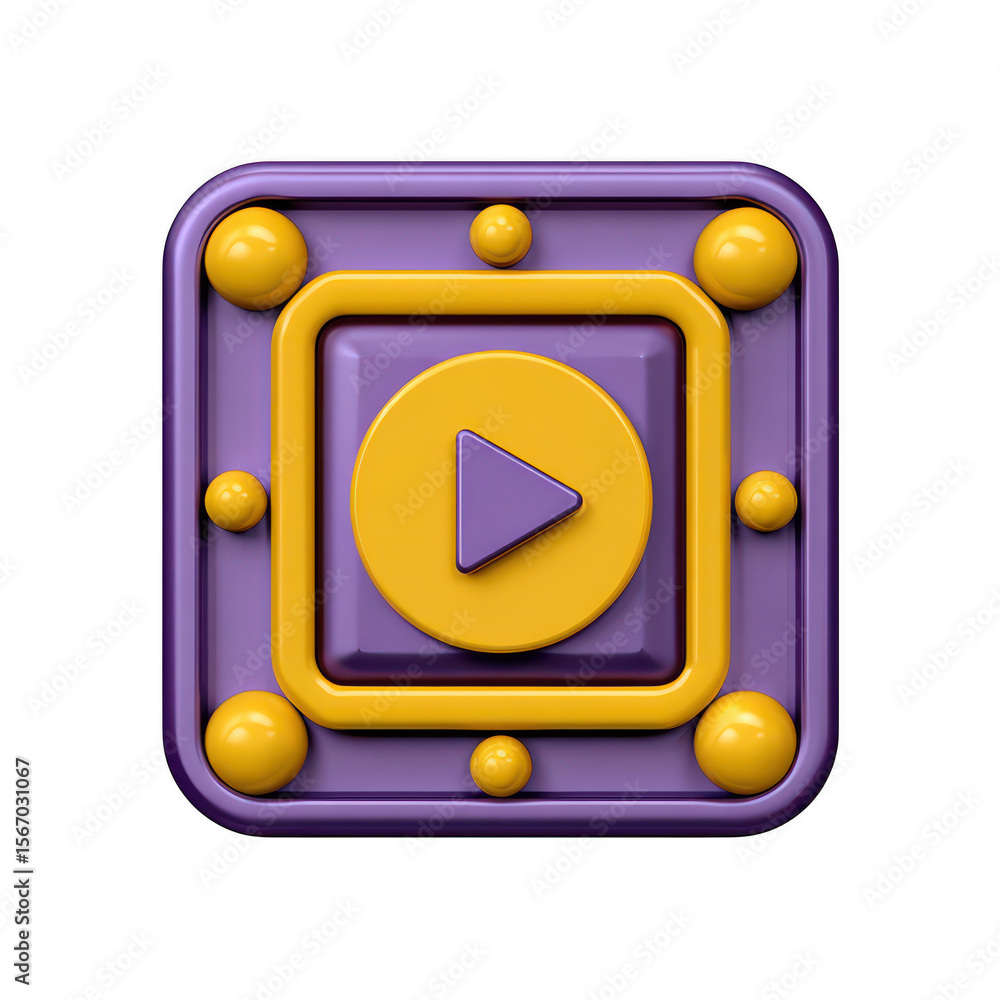 Poster 3d play button icon with purple and yellow design isolated on transparent background
