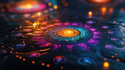 An enchanting inspired depiction of image of rangoli with colorful lights reflecting on it