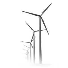 A series of wind turbines in a row capture the wind's energy, symbolizing sustainable practices and the clean energy revolution. The image is simple, minimalist design of green energy and technology.