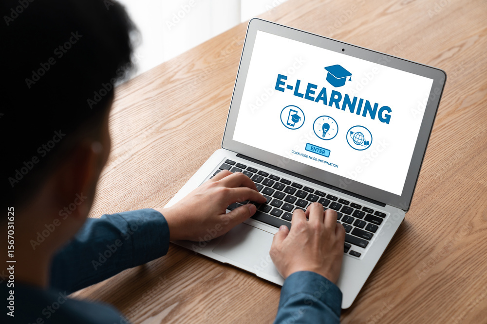 Poster e-learning website with modish sofware for student to study online on the internet network