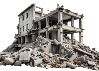 Collapsed concrete building with piles of rubble and debris isolated on a transparent background ruined building