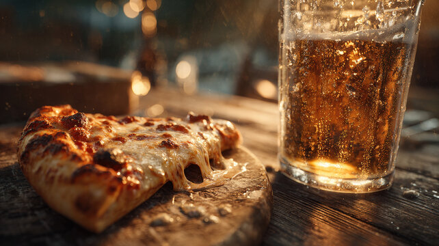 Delicious Slice of Pepperoni Pizza with Cold Beer on Rustic Table in Cozy Warm Evening Light