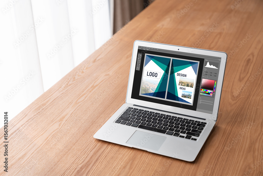 Poster graphic designer software for modern design of web page and commercial ads showing on the computer s