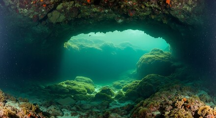 Underwater Cave Entrance with Green Algae in Ocean
