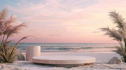 White stone podium with ample copy space, set on a tropical summer sandy beach background, ideal for product display or promotional visuals with a bright, natural vibe...