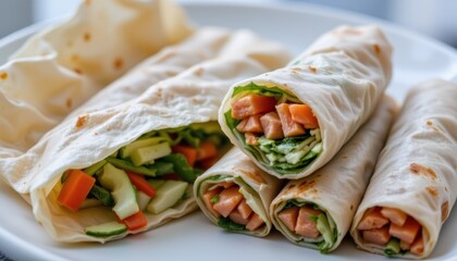 Fresh Vegetable And Salmon Wraps Served On A White Plate With Colorful Ingredients