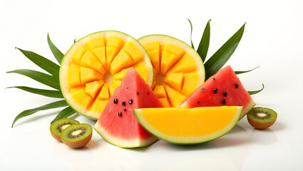 Artistic Cut Tropical Fruits (Mango, Watermelon, Kiwi) on Minimalist White Background