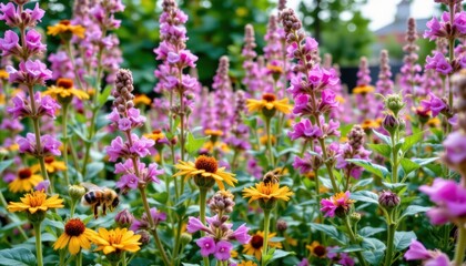 Vibrant Flower Garden with Bees Pollinating Colorful Blooms in a Lush Outdoor Setting