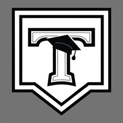 Bold letter t with graduation cap emblem academic