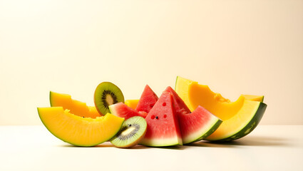 Artistic Cut Tropical Fruits (Mango, Watermelon, Kiwi) on Minimalist White Background