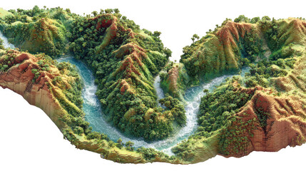 Voxelized lush green mountain landscape with winding river and waterfalls isolated on transparent background