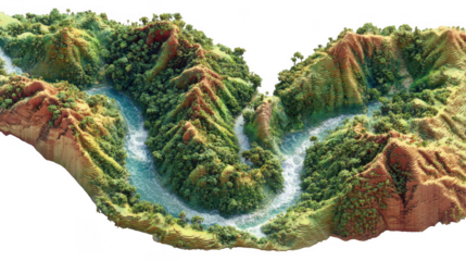 Voxelized lush green mountain landscape with winding river and waterfalls isolated on transparent background