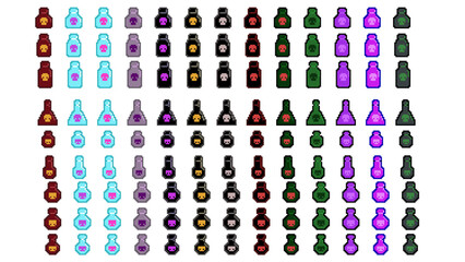 Pixel Art Game Icons - Poison and Magic Potion Bottles