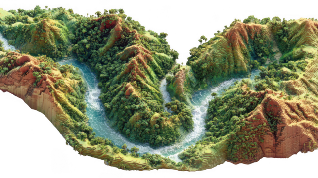 Voxelized lush green mountain landscape with winding river and waterfalls isolated on transparent background - Powered by Adobe