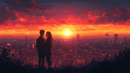 Fototapeta premium Young couple around 20 years old, standing close together with the warm glow of a city sunset highlighting their features, creating a romantic and vibrant urban atmosphere...
