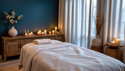 Tranquil Spa Room with Massage Table, Soft Lighting and Candles Creating a Serene Atmosphere