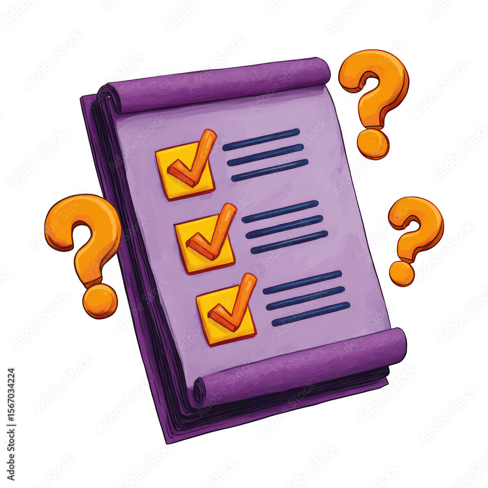 Poster checklist with question marks isolated on transparent background