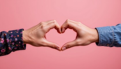 Fototapeta premium Two Hands Forming a Heart Shape Against a Soft Pink Background Conveying Love and Connection