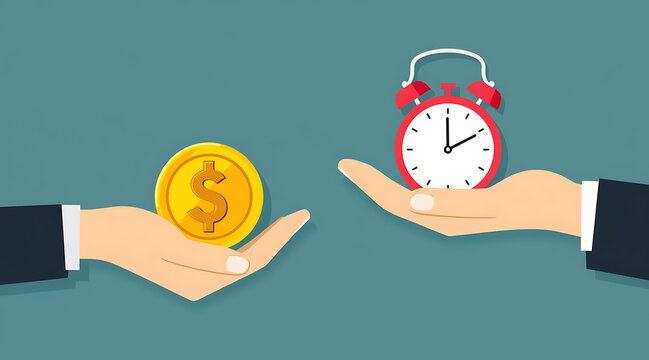 Time versus money concept illustration graphic,
business trade-off illustration,hands holding gold coin and red alarm clock on blue background,