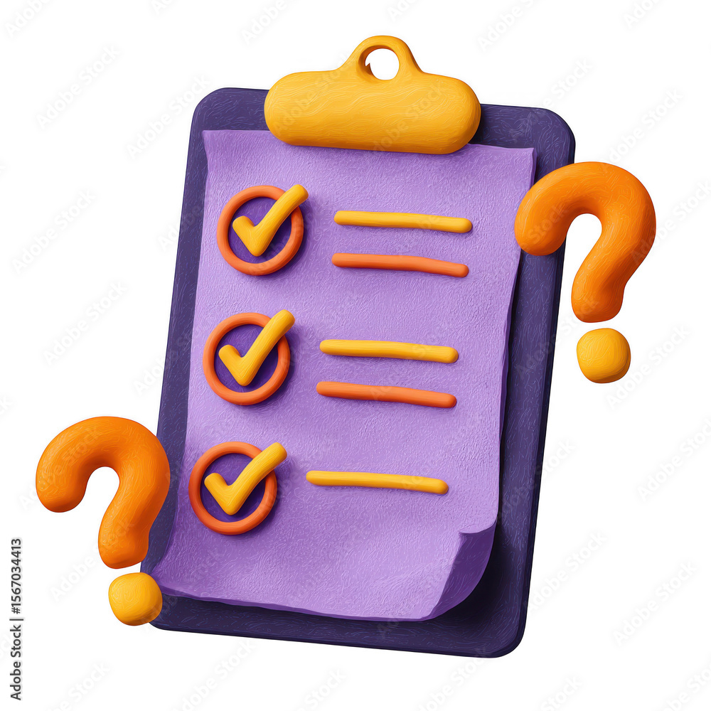 Poster claymation style checklist with question marks isolated on transparent background