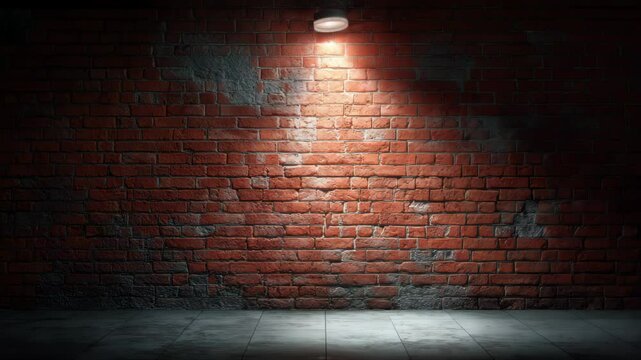 A single spotlight illuminates a weathered brick wall and a tiled floor, creating a dramatic, dimly lit scene