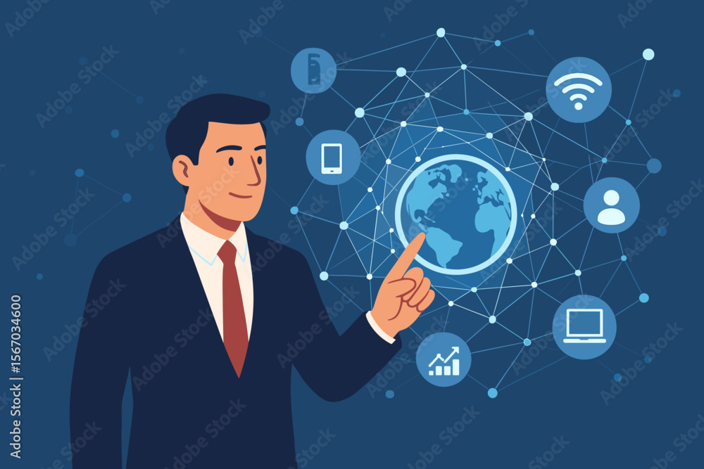 Poster businessman touching global network and data exchange connection. communication technology for inter