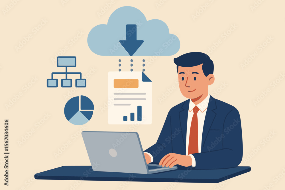 Poster businessman at desk with laptop downloading document from cloud. concept of cloud computing technolo