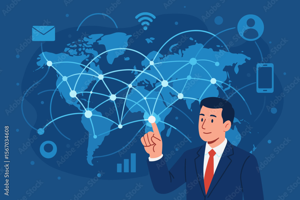 Poster businessman touching global network and data exchange connection. communication technology for inter