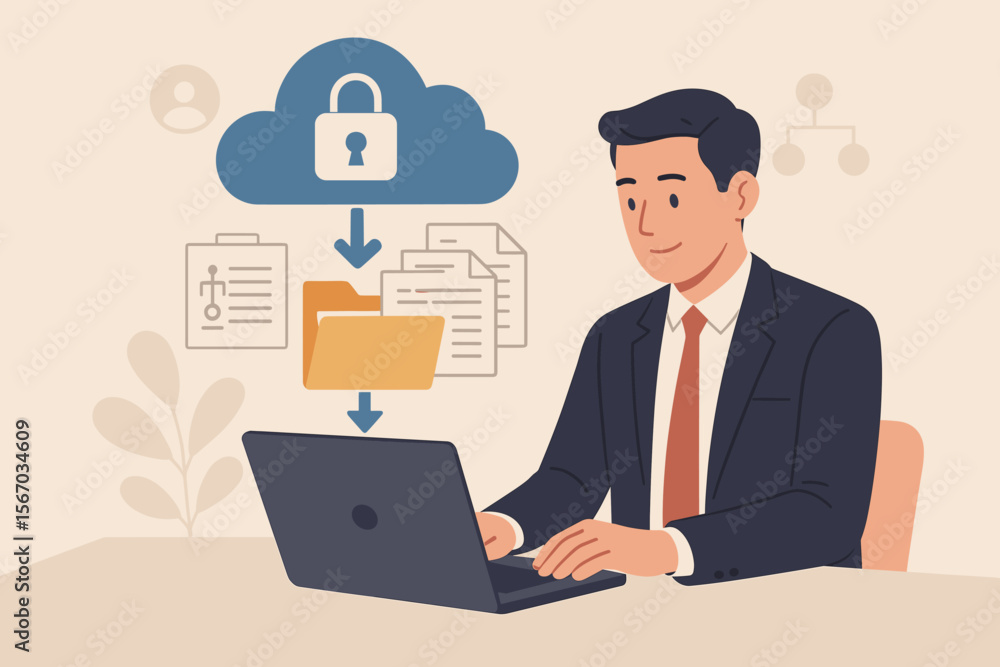Poster cloud computing technology concept. businessman downloading files. secure data storage. information 
