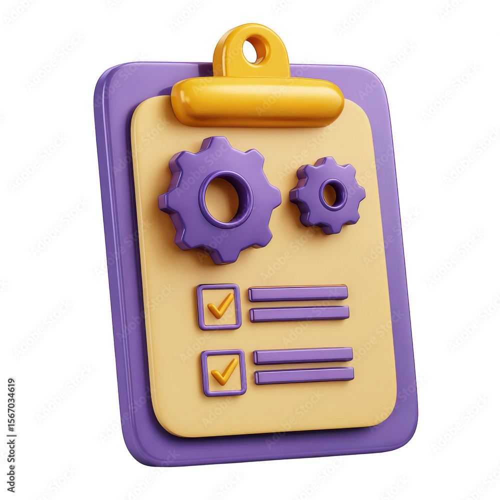 Aufkleber 3d clipboard with gears and checklist icons isolated on transparent background