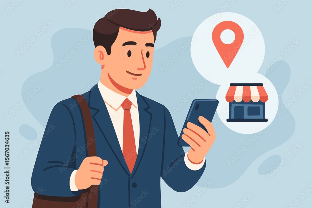 Poster businessman using a smartphone for local business search and store discovery. man with a mobile map 