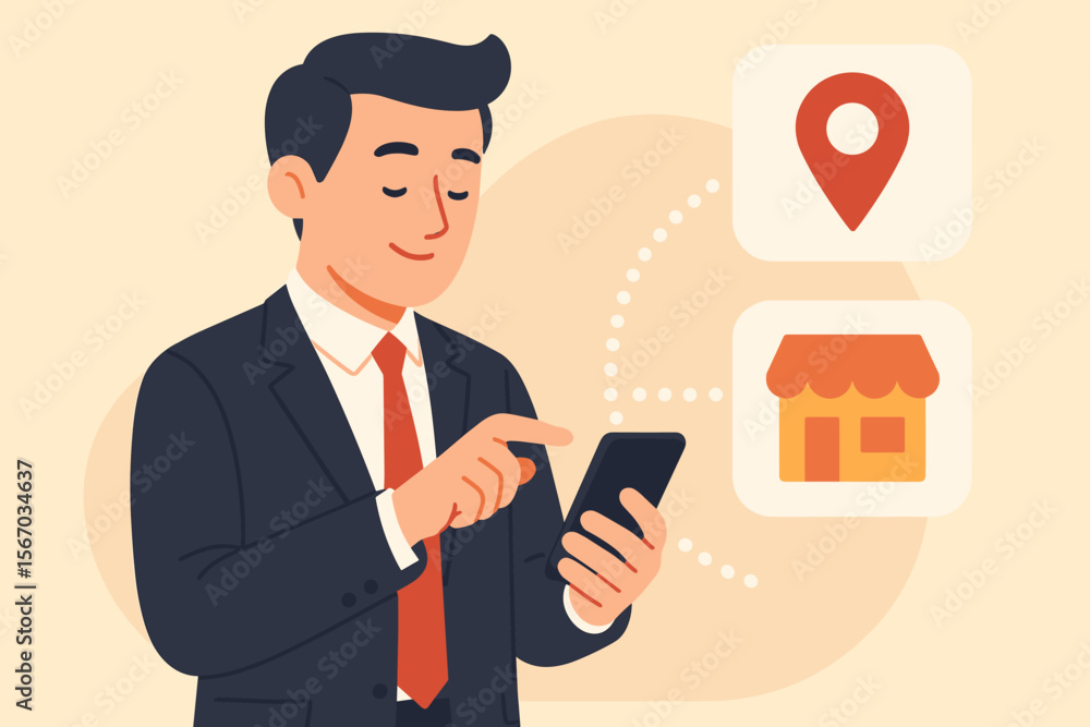 Poster businessman using smartphone for local business search. man with phone finding store location with m