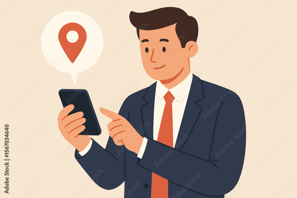 Poster businessman using smartphone for gps navigation. man holding mobile phone with map application and l