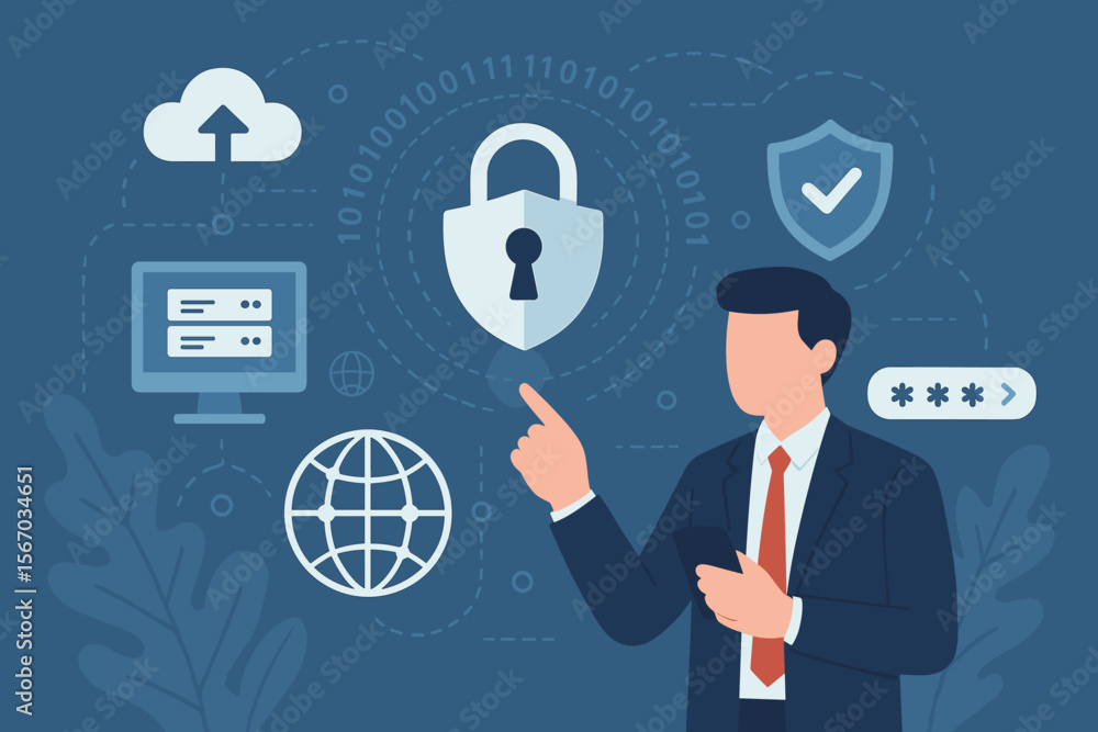 Poster businessman managing virtual cyber security and online data protection. concept of secure cloud stor