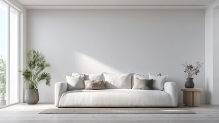 Minimalist modern living room with white sofa, decorative pillows, potted plants, and wooden side table, perfect for interior design showcases, home decor ads, and lifestyle visuals