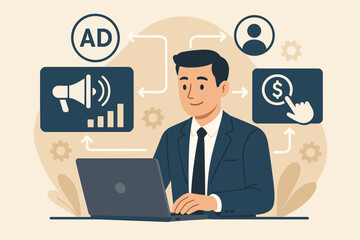 Programmatic advertising concept. Businessman with laptop managing digital marketing strategy. Ad campaign workflow with cross-targeting, audience reach, CPC and online promotion.