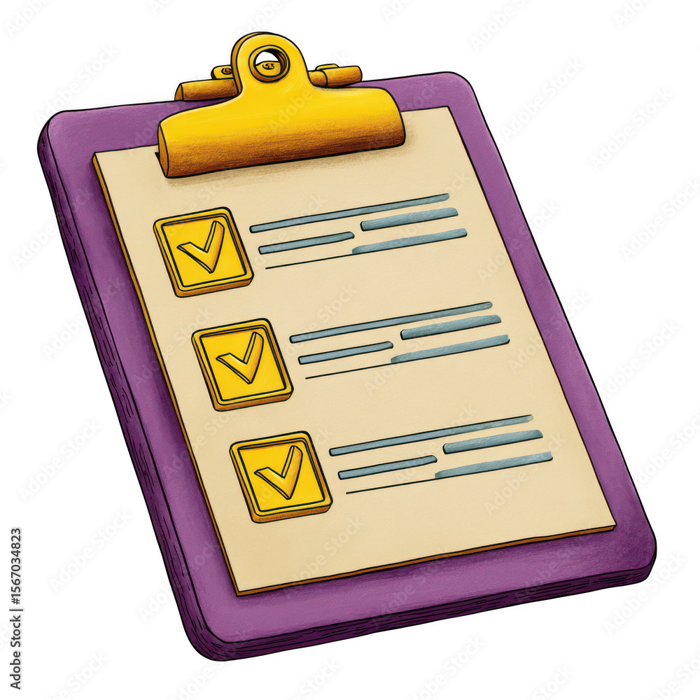 Poster purple clipboard with checklist and golden checkmarks isolated on transparent background